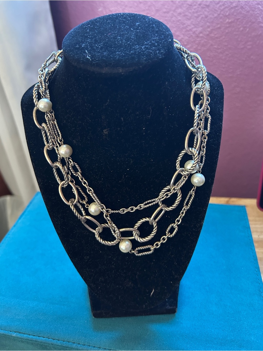 Multi-Strand Silver-Tone Chain Necklace with Pearlescent Beads